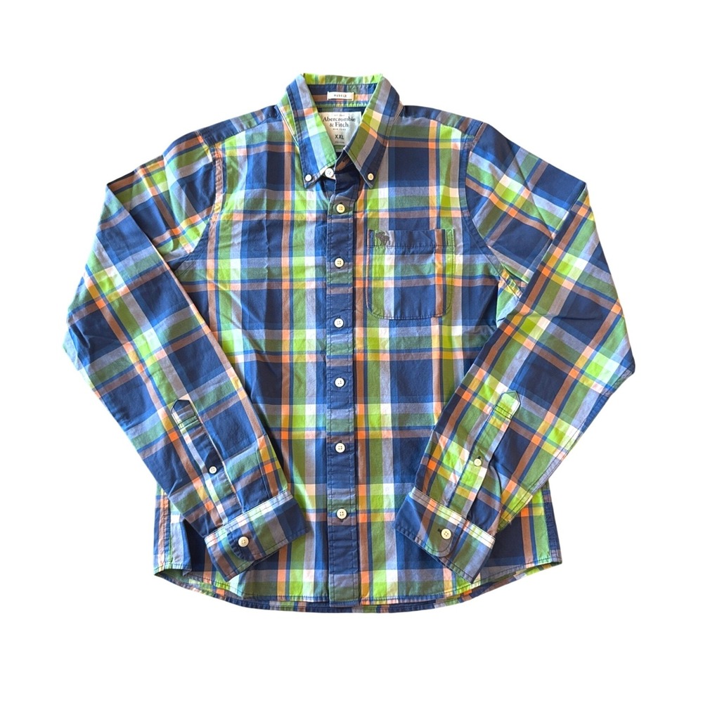 Abercrombie & Fitch Preppy Plaid Button Down Shirt Muscle Fit XXL Chest Pocket